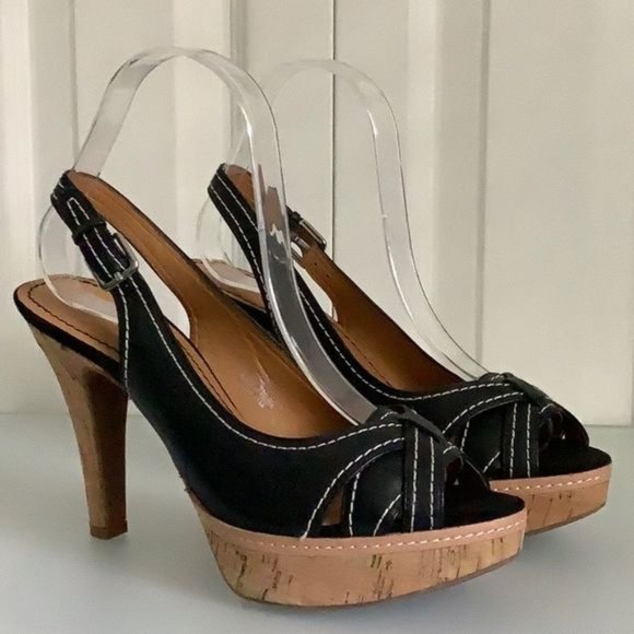 NINE WEST BLACK LEATHER SLINGBACK PEEP TOE PLATFORM HEELS SIZE 7 - Picture 1 of 13